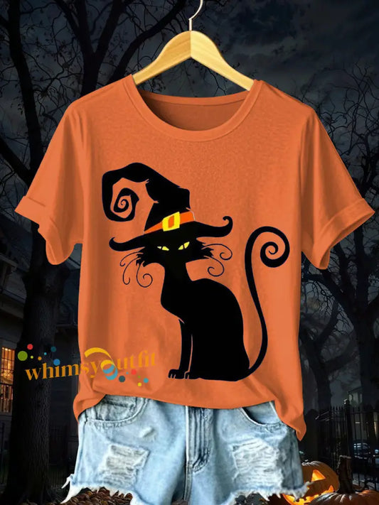 Women’s Halloween Black Cat Short Sleeve T Shirt Orange / S