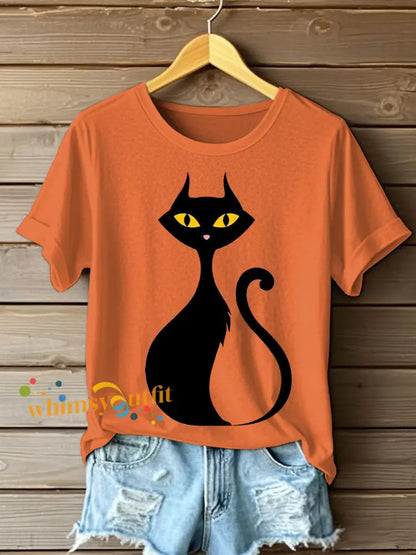 Women’s Halloween Black Cat Short Sleeve T Shirt Orange / S