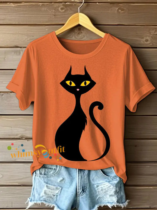 Women’s Halloween Black Cat Short Sleeve T Shirt Orange / S
