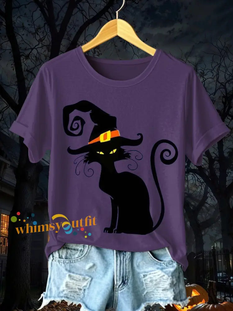 Women’s Halloween Black Cat Short Sleeve T Shirt Purple / S