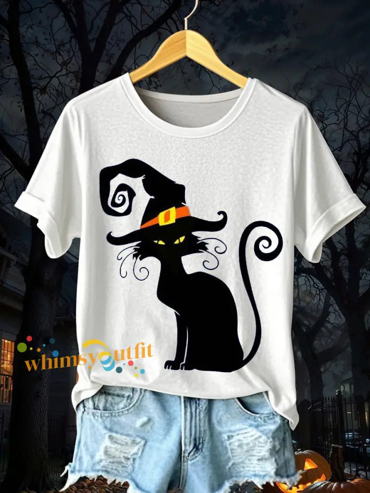 Women’s Halloween Black Cat Short Sleeve T Shirt White / S