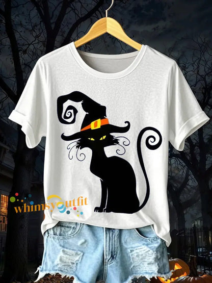 Women’s Halloween Black Cat Short Sleeve T Shirt White / S