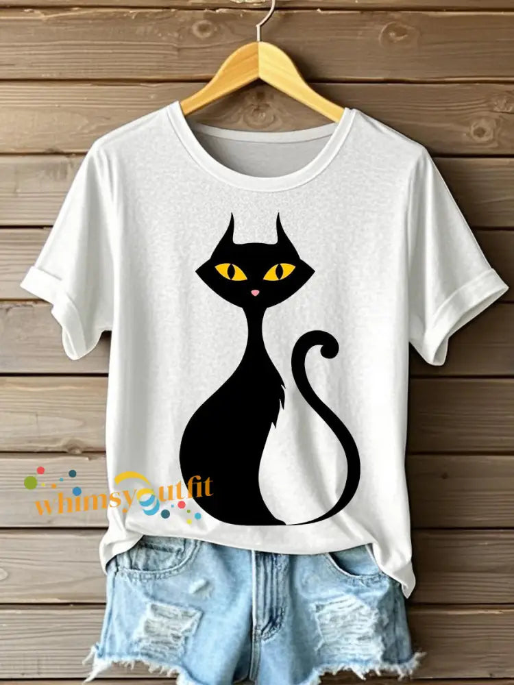 Women’s Halloween Black Cat Short Sleeve T Shirt White / S