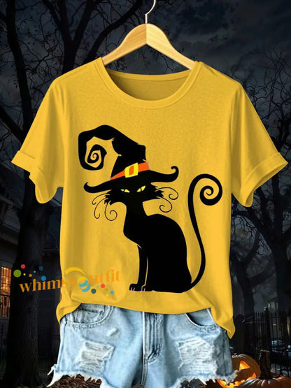 Women’s Halloween Black Cat Short Sleeve T Shirt Yellow / S