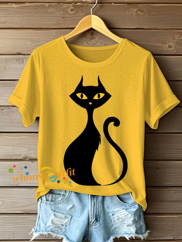 Women’s Halloween Black Cat Short Sleeve T Shirt Yellow / S
