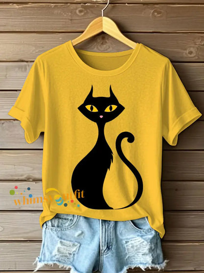 Women’s Halloween Black Cat Short Sleeve T Shirt Yellow / S
