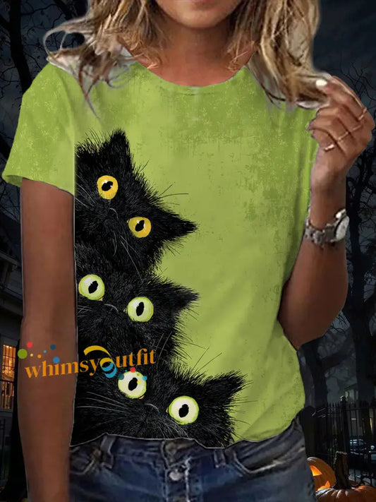 Women’s Halloween Black Cat Short sleeved T shirt Green / S