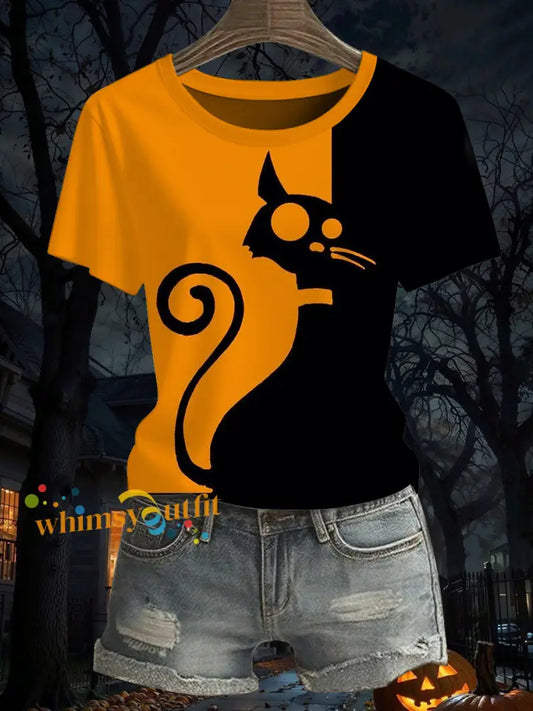 Women’s Halloween Black Cat Short sleeved T shirt Orange / S