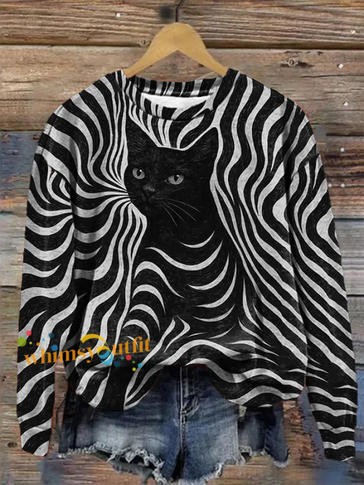 Women’s Halloween Black Cat Stripes Print Casual Sweatshirt