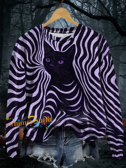 Women’s Halloween Black Cat Stripes Print Casual Sweatshirt Purple / S