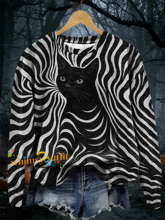 Women’s Halloween Black Cat Stripes Print Casual Sweatshirt Black / S