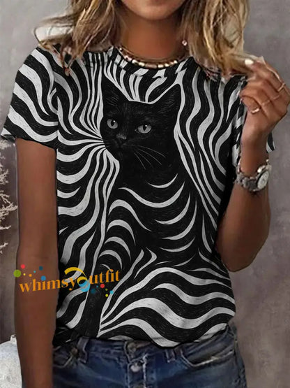 Women’s Halloween Black Cat Stripes Print Casual Tee