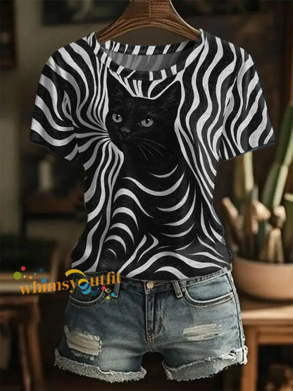 Women’s Halloween Black Cat Stripes Print Casual Tee