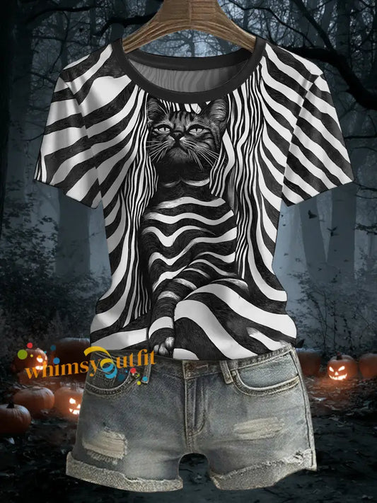 Women’s Halloween Black Cat Stripes Print Casual Tee Black And White / S