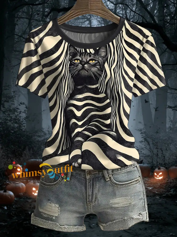 Women’s Halloween Black Cat Stripes Print Casual Tee Apricot / S