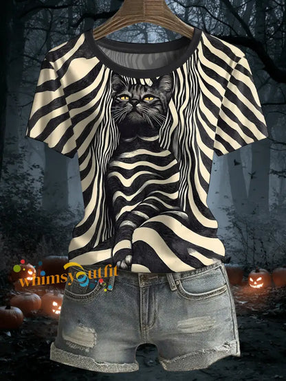 Women’s Halloween Black Cat Stripes Print Casual Tee Apricot / S
