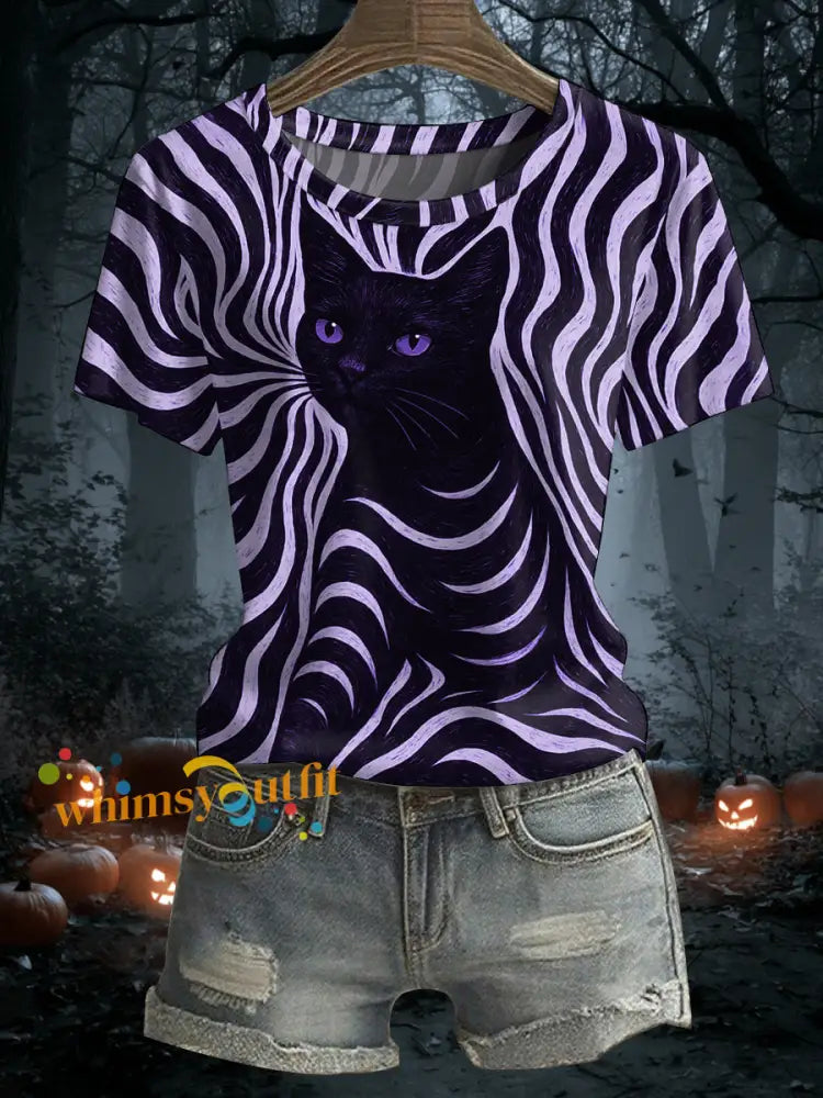Women’s Halloween Black Cat Stripes Print Casual Tee Purple / S