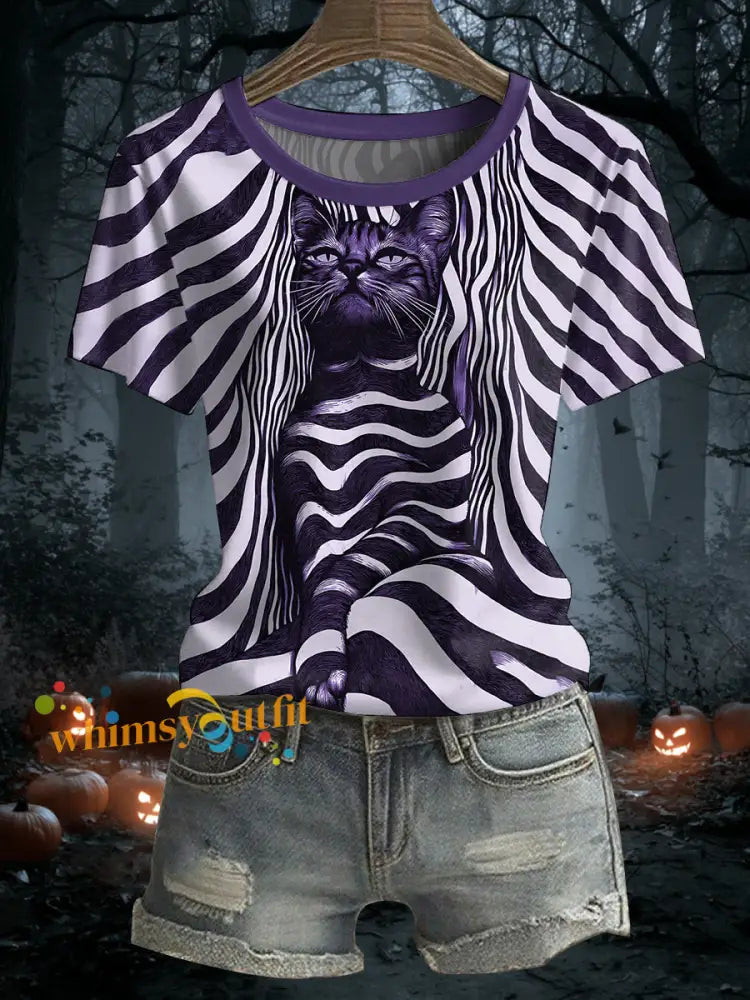 Women’s Halloween Black Cat Stripes Print Casual Tee Purple / S