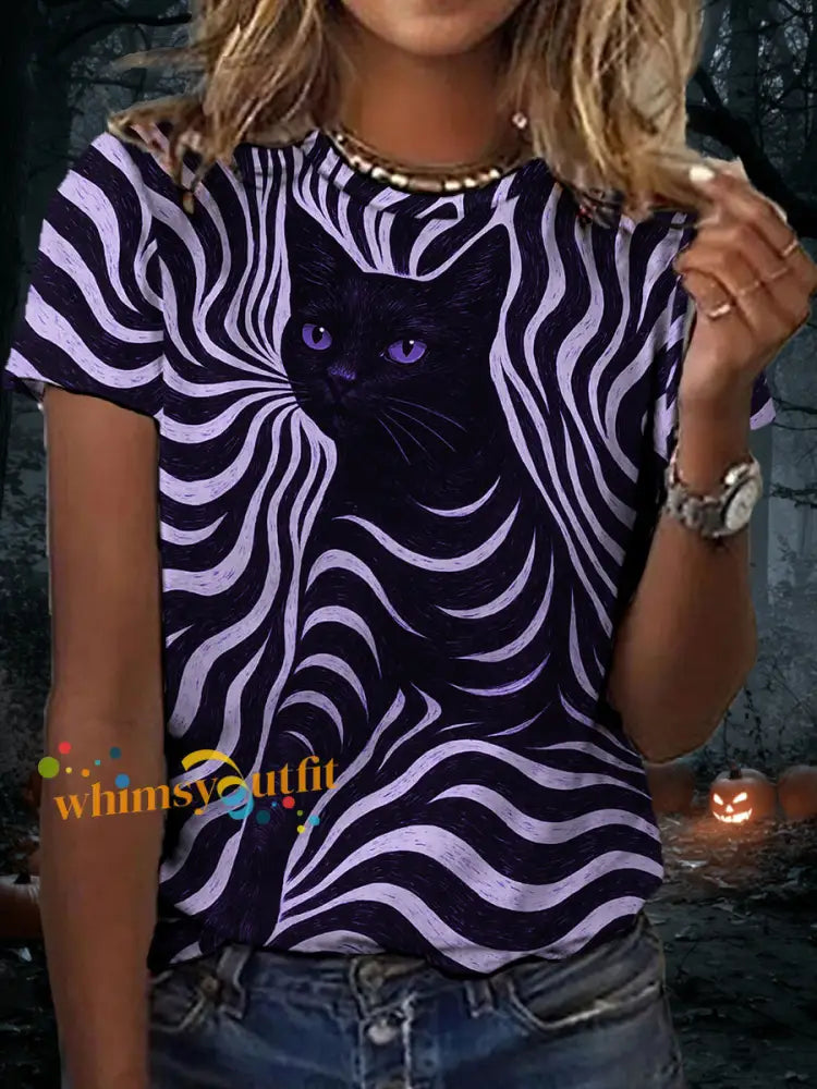 Women’s Halloween Black Cat Stripes Print Casual Tee Purple / S