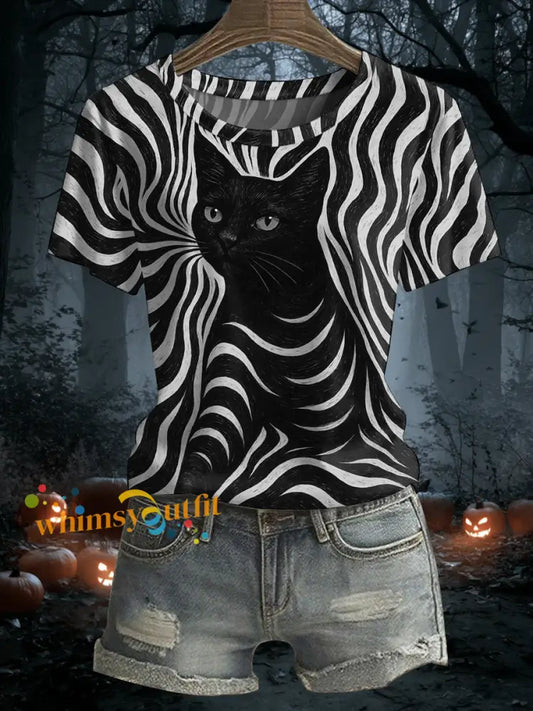 Women’s Halloween Black Cat Stripes Print Casual Tee Black / S