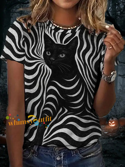 Women’s Halloween Black Cat Stripes Print Casual Tee Black / S