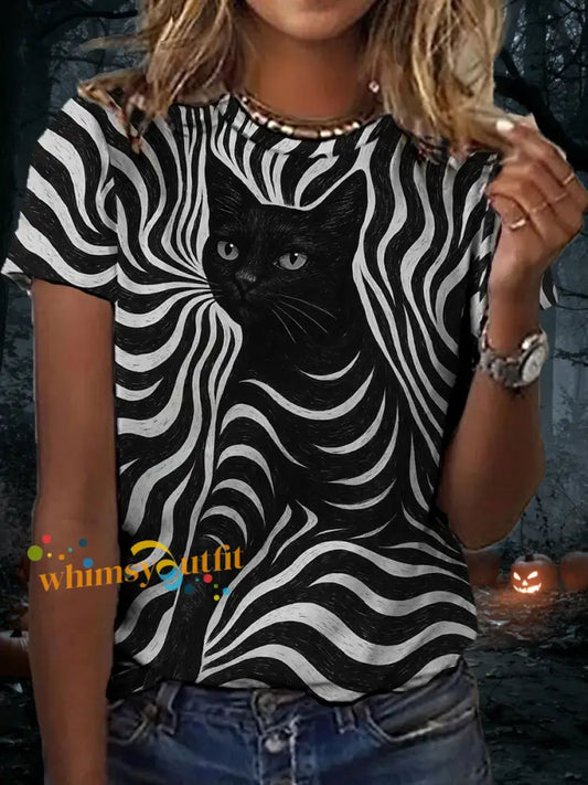 Women’s Halloween Black Cat Stripes Print Casual Tee Black / S