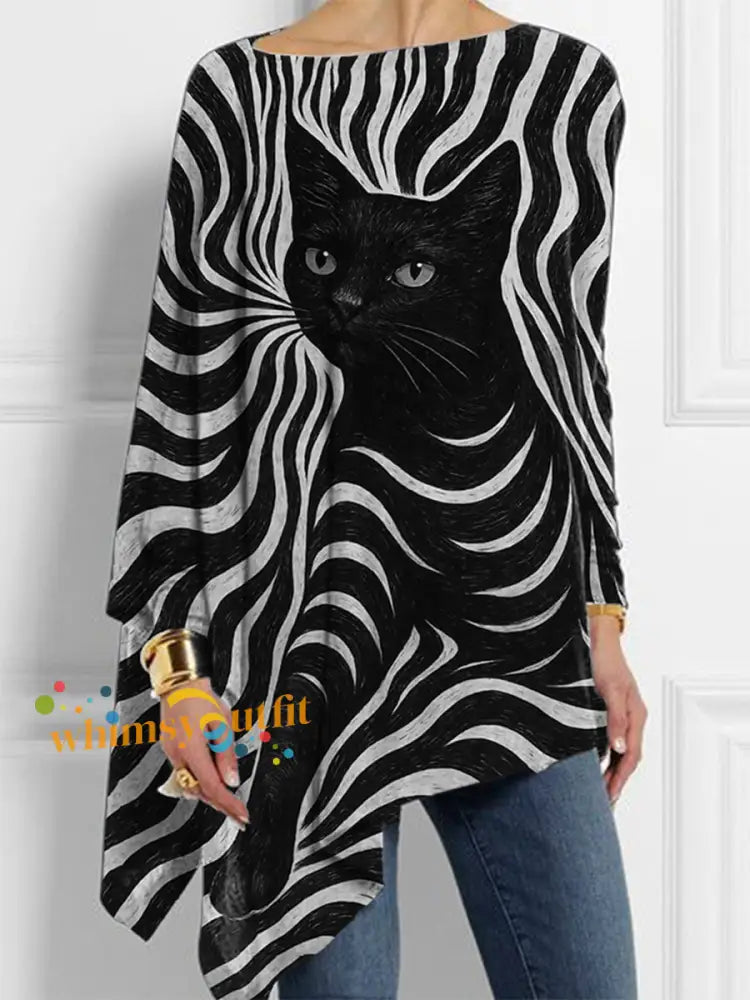 Women’s Halloween Black Cat Stripes Print Casual Top