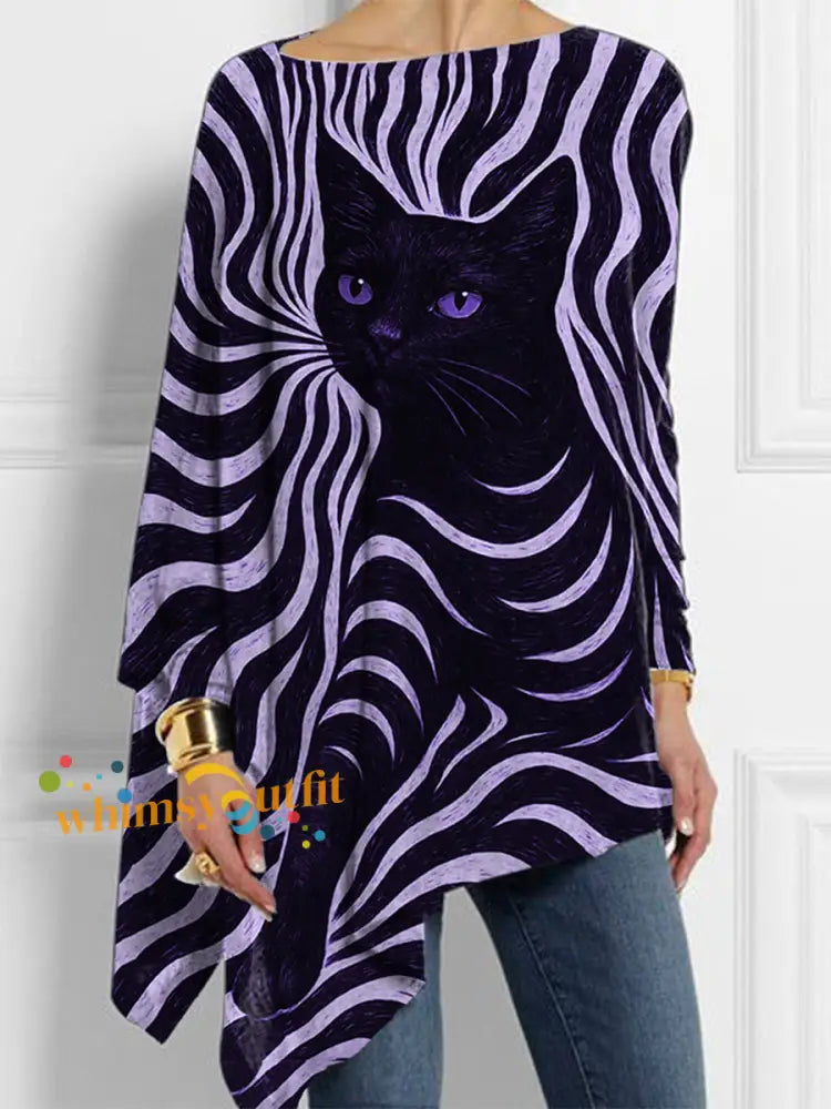 Women’s Halloween Black Cat Stripes Print Casual Top Purple / S