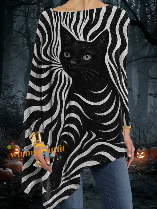 Women’s Halloween Black Cat Stripes Print Casual Top Black / S
