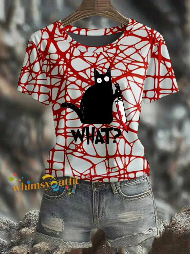 Women’s Halloween Bloodstained Black Cat Short sleeved T shirt As picture / S