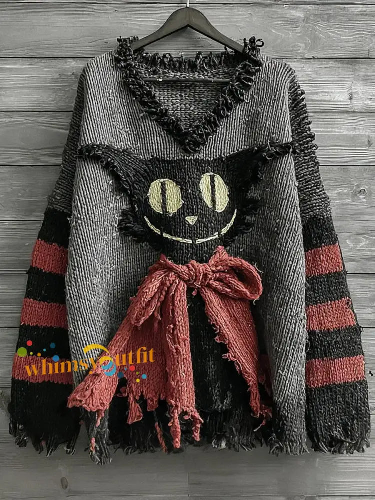 Women’s Halloween Caped Black Cat Striped Art Sweater As picture / S