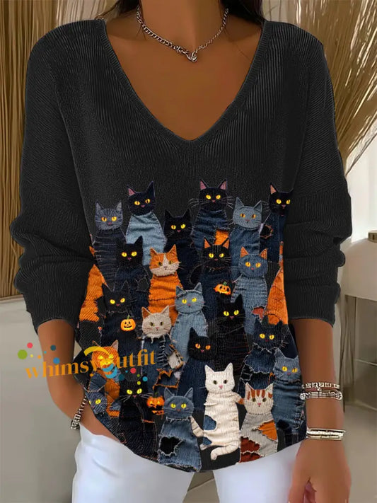 Women’s Halloween Cat Sweater Black / S