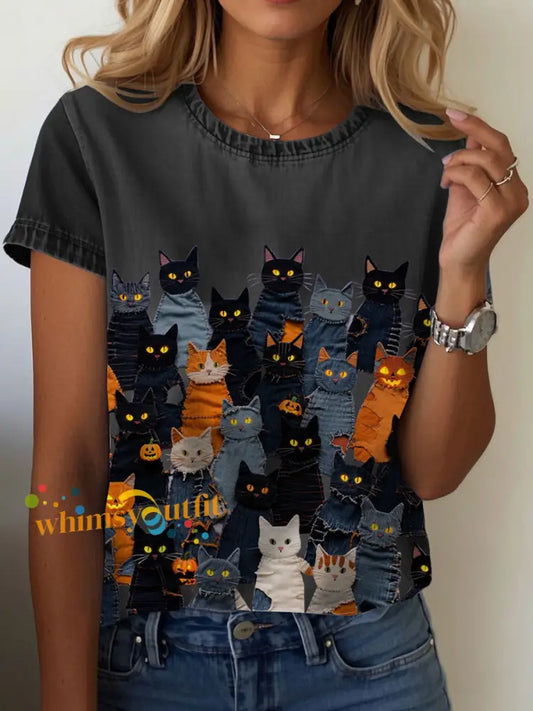Women’s Halloween Cat T Shirt Black / S