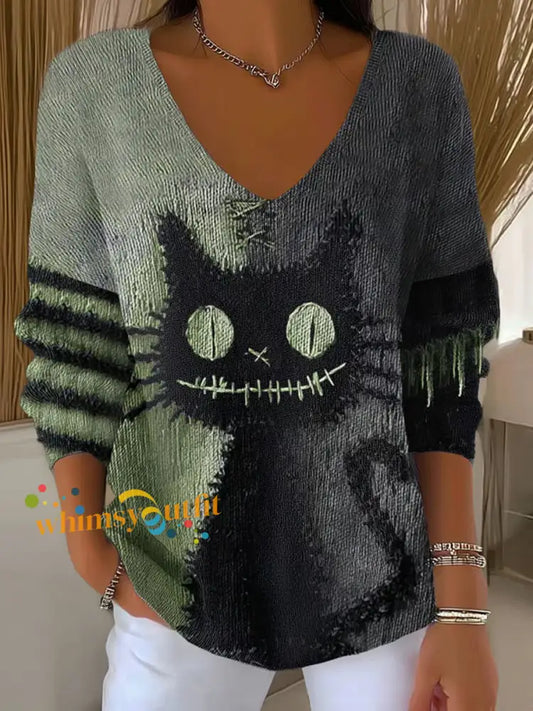 Women’s Halloween Cat V Neck Ribbed Top As picture / S