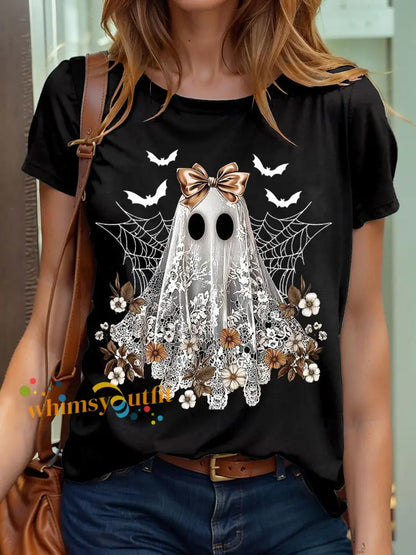 Women’s Halloween Cute Lace Ghos Print T Shirt Black / S