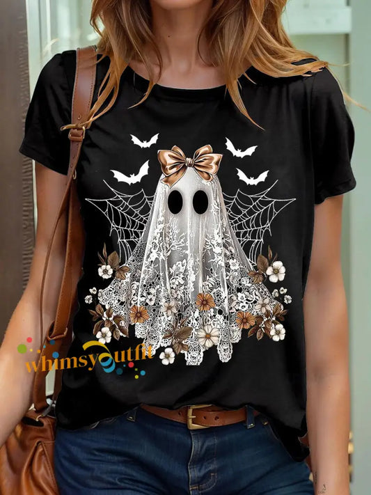 Women’s Halloween Cute Lace Ghos Print T Shirt Black / S