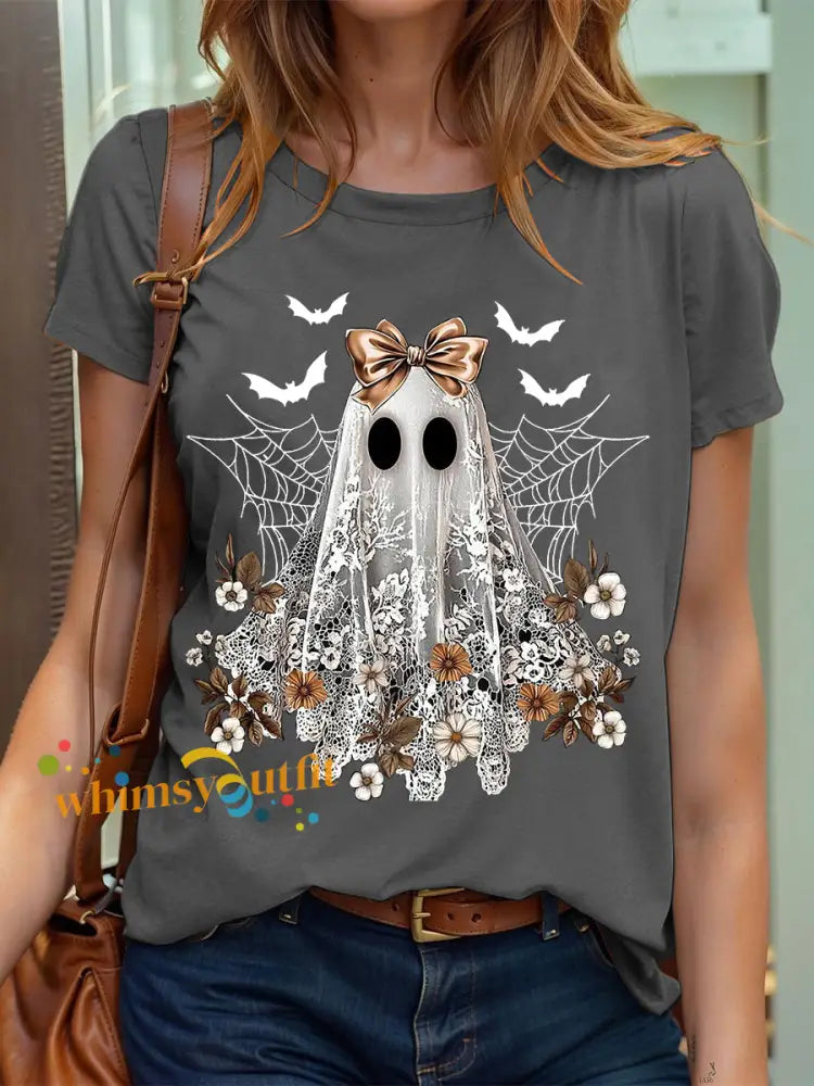 Women’s Halloween Cute Lace Ghos Print T Shirt Dark Gray / S