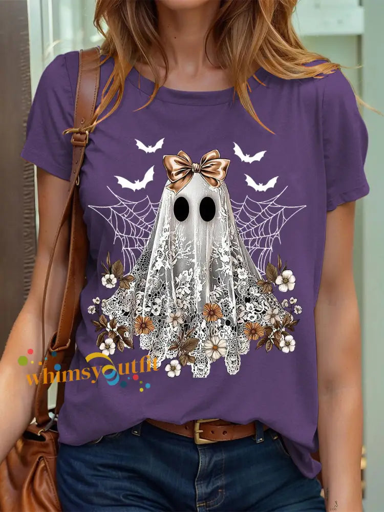 Women’s Halloween Cute Lace Ghos Print T Shirt Deep Purple / S