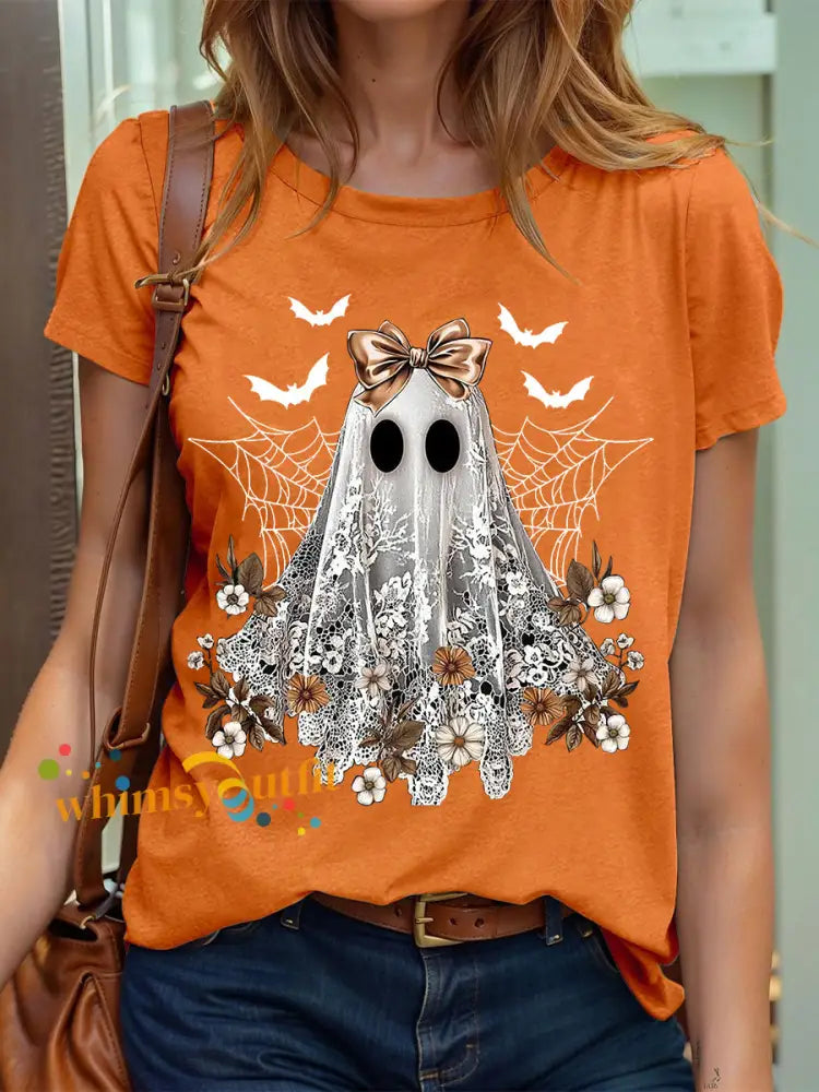 Women’s Halloween Cute Lace Ghos Print T Shirt Orange / S