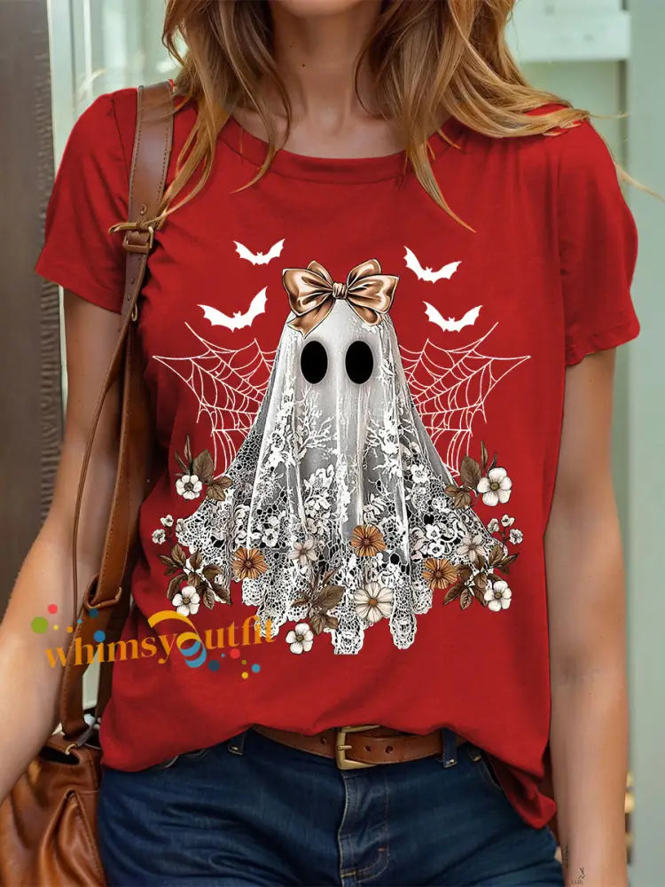 Women’s Halloween Cute Lace Ghos Print T Shirt Red / S