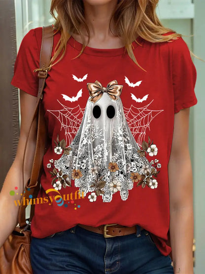 Women’s Halloween Cute Lace Ghos Print T Shirt Red / S