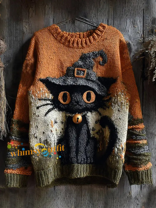 Women’s Halloween Cute Witch Cats Art Crew Neck Sweater As picture / S