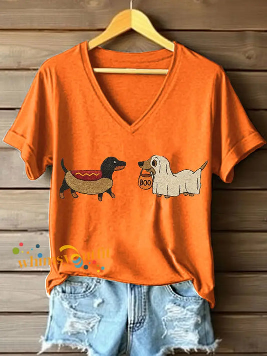 Women’s Halloween Dachshund Embroidered V Neck T Shirt Orange / S
