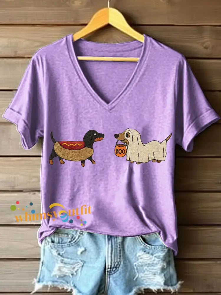 Women’s Halloween Dachshund Embroidered V Neck T Shirt Purple / S