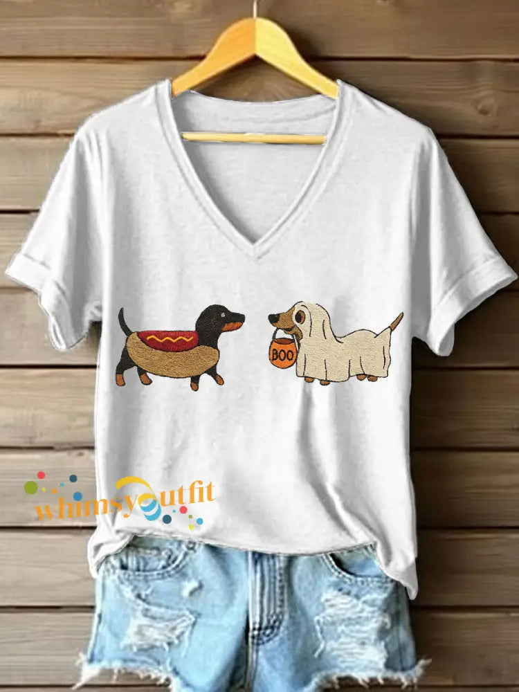 Women’s Halloween Dachshund Embroidered V Neck T Shirt White / S