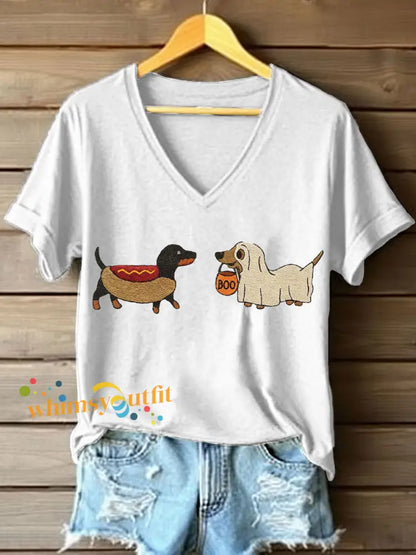 Women’s Halloween Dachshund Embroidered V Neck T Shirt White / S