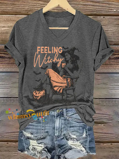 Women’s Halloween Feeling Witchy Printed V neck T shirt Dark Gray / S