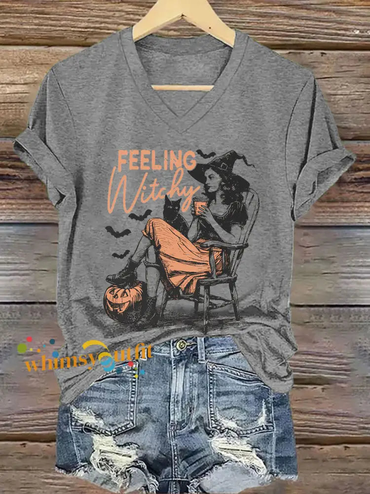 Women’s Halloween Feeling Witchy Printed V neck T shirt Light Gray / S