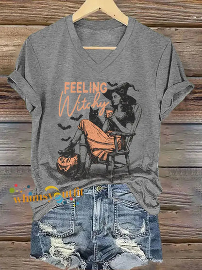 Women’s Halloween Feeling Witchy Printed V neck T shirt Light Gray / S