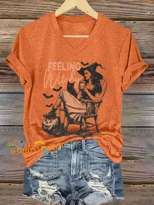 Women’s Halloween Feeling Witchy Printed V neck T shirt Orange / S